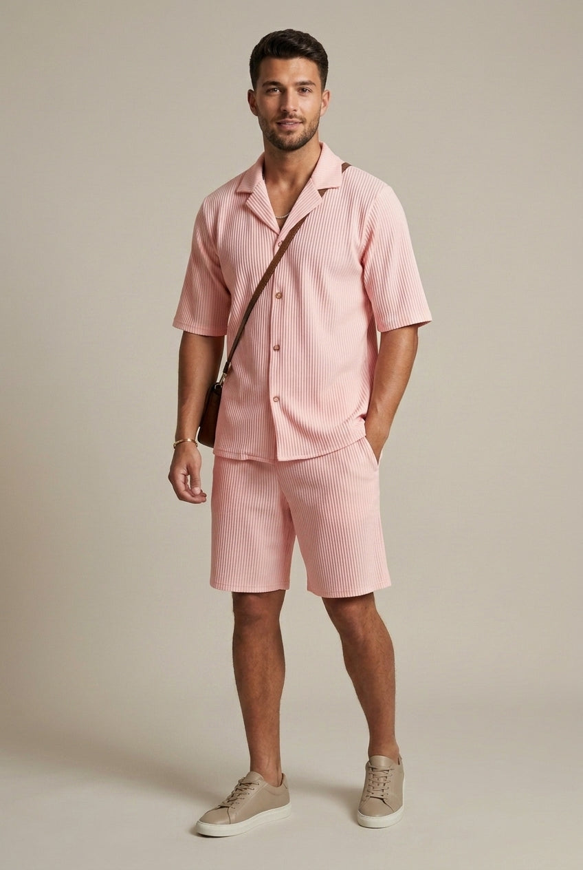 Men's Ribbed Two Piece Set – Short Sleeve Shirt & Drawstring Trousers