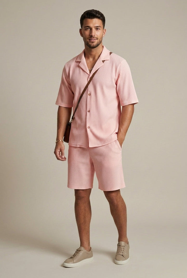 Men's Ribbed Two Piece Set – Short Sleeve Shirt & Drawstring Trousers