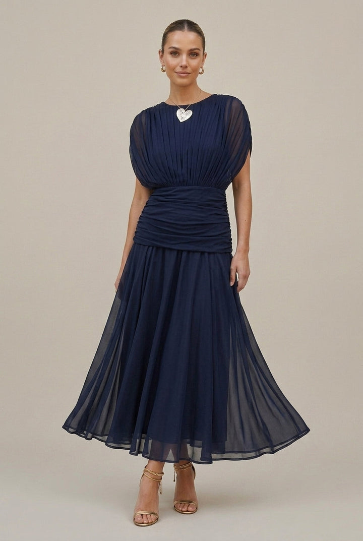 Women's Off Shoulder Maxi Dress Wrap V-Neck – Draped Ruched Waist