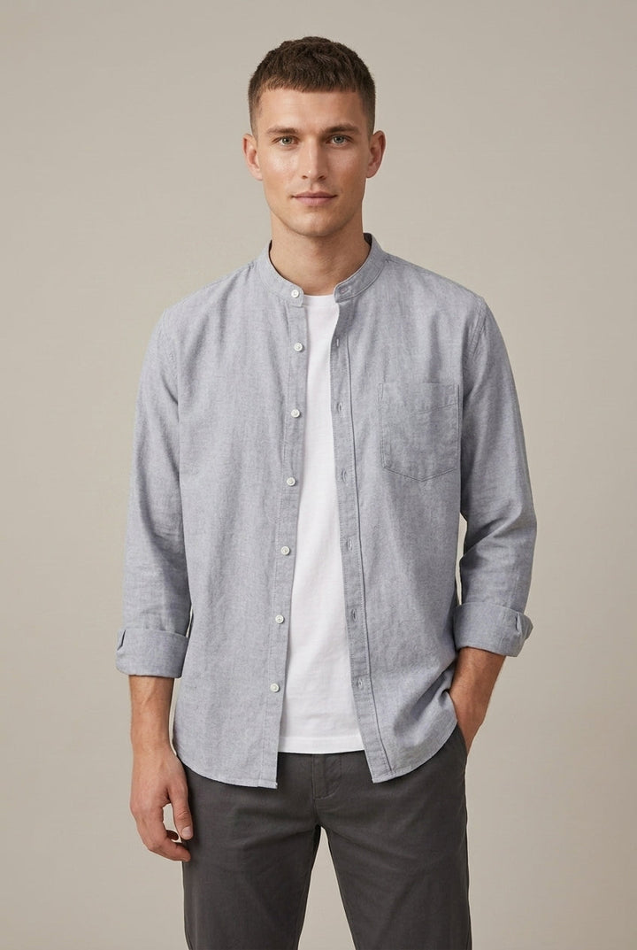Men's Linen Blend Shirt – Band Collar Long Sleeve with Pocket
