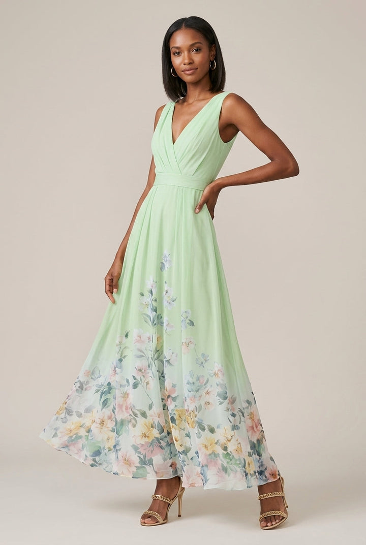 Women's Floral Border Print Maxi Dress – V-Neck Sleeveless