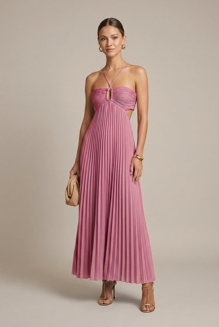 Women's Halter Neck Pleated Maxi Dress – Keyhole Cut-Out Ruched Waist