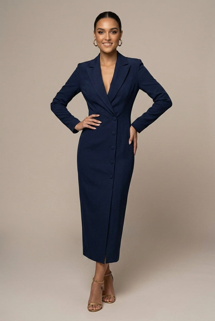 Women's Blazer Midi Dress – Notch Lapel Single-Breasted Fit