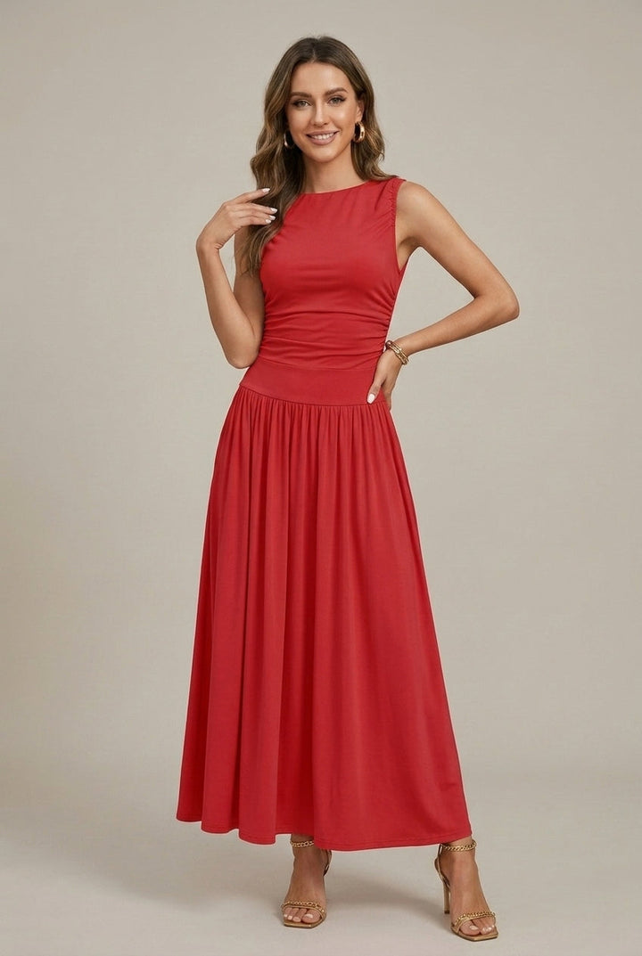 Women's Sleeveless Maxi Dress – Ruched Waist & Full Skirt