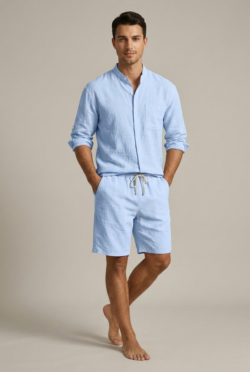 Men's Linen Shirt and Shorts Set – Band Collar Relaxed Fit
