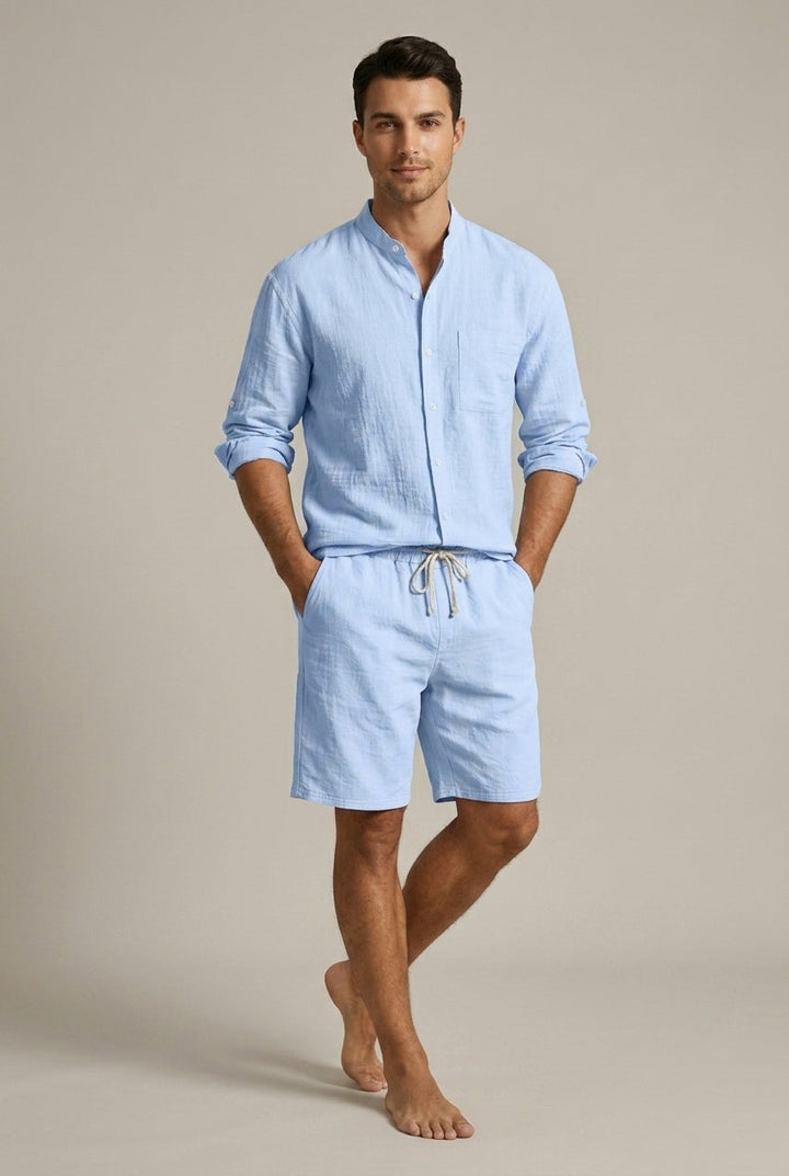 Men's Linen Shirt and Shorts Set – Band Collar Relaxed Fit