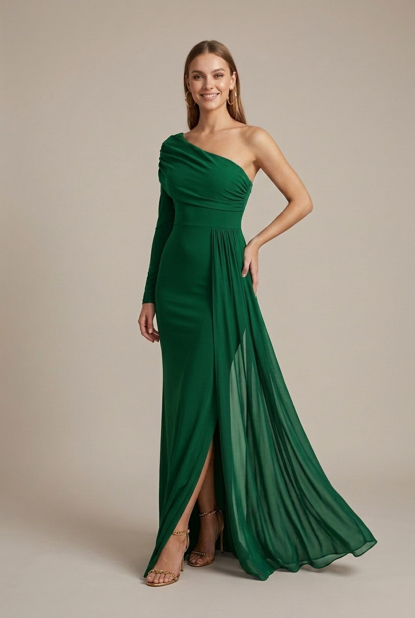 Women's Off Shoulder Fishtail Maxi Dress – Slant Neck Long Sleeve