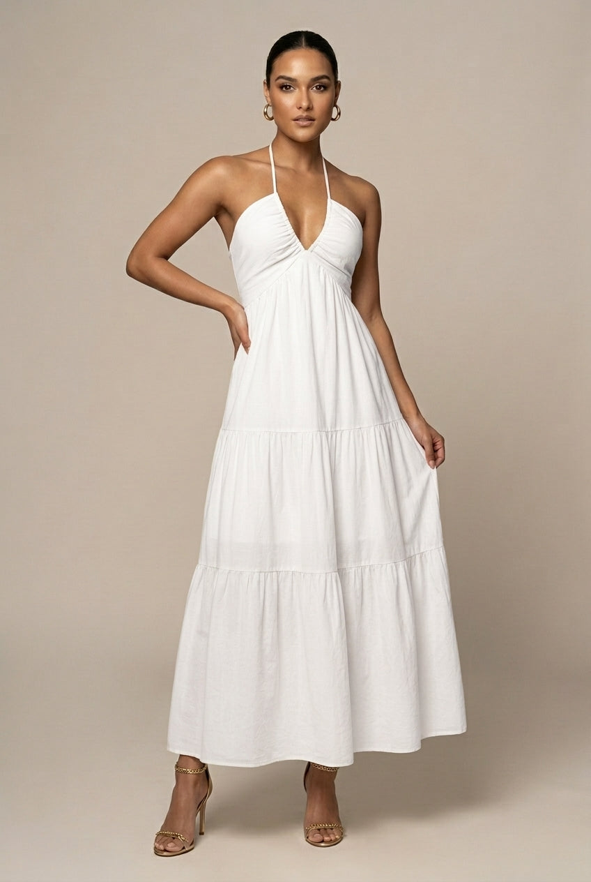 Women's Halter Neck Maxi Dress Tiered Ruffle Skirt – Deep V Open Back