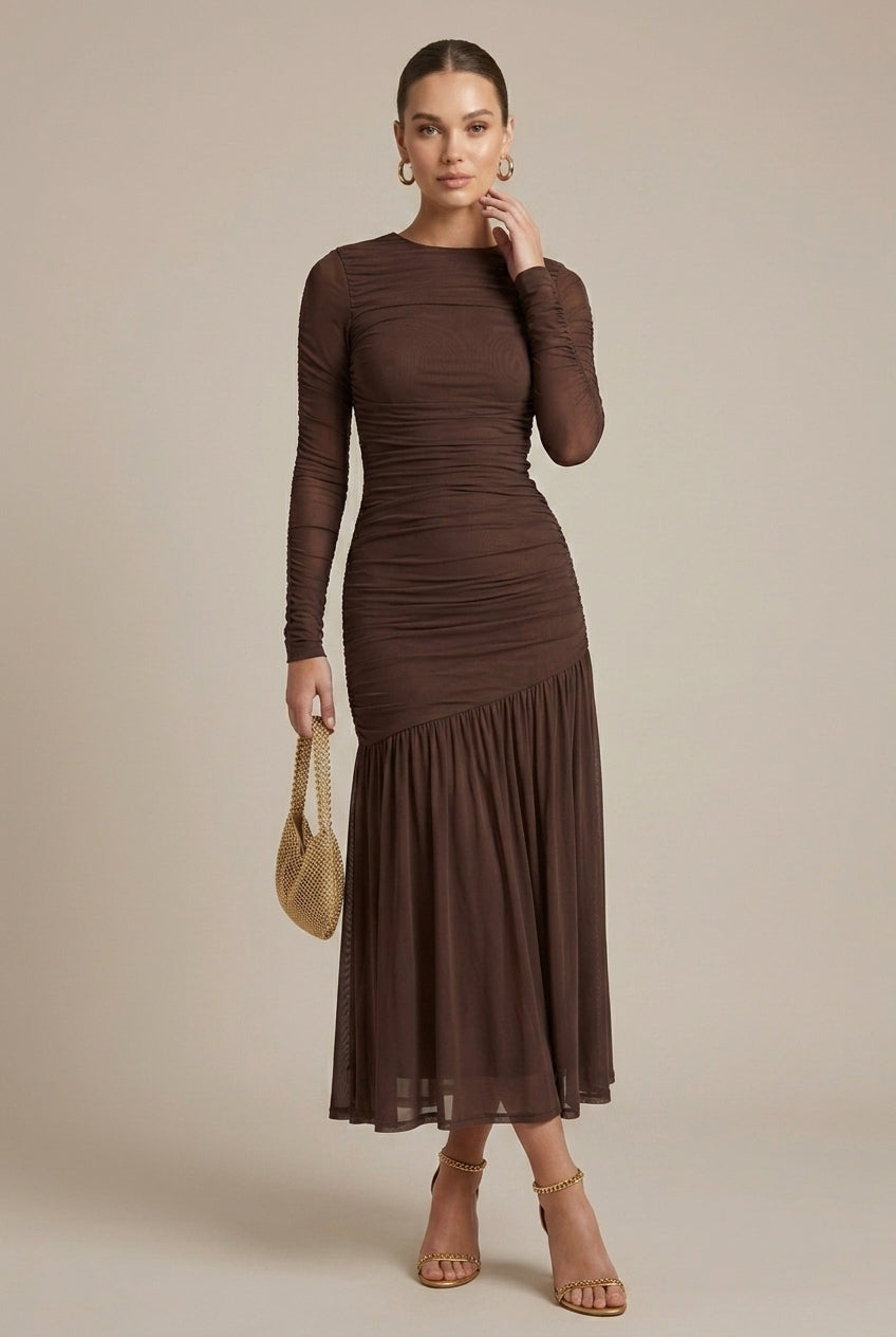 Women's Ruched Drop Waist Maxi Dress Long Sleeve – Fluted Skirt