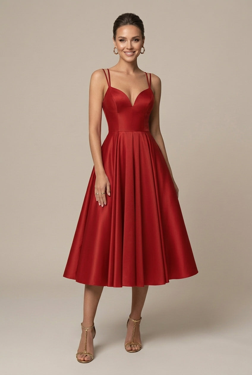 Women's A-Line Midi Dress Deep V Sweetheart – Spaghetti Straps