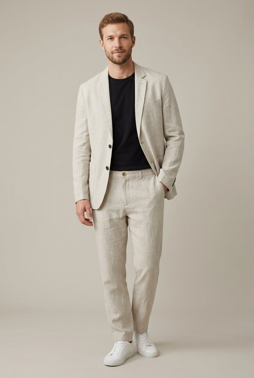 Men's Linen Blazer & Trouser Set – Single-Button Elastic Waist
