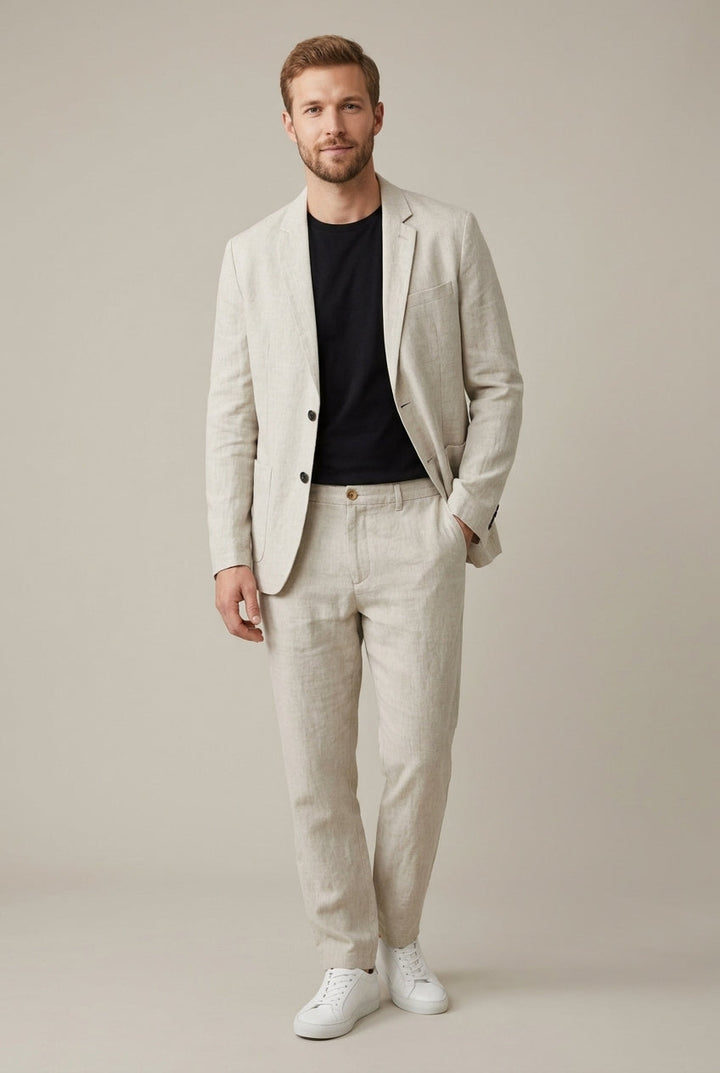Men's Linen Blazer & Trouser Set – Single-Button Elastic Waist