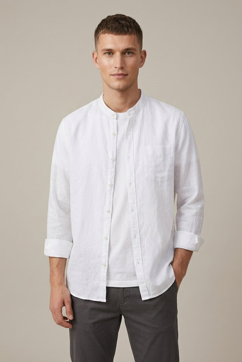 Men's Linen Blend Shirt – Band Collar Long Sleeve with Pocket