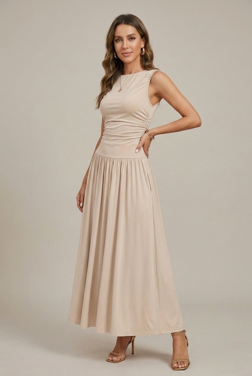 Women's Sleeveless Maxi Dress – Ruched Waist & Full Skirt