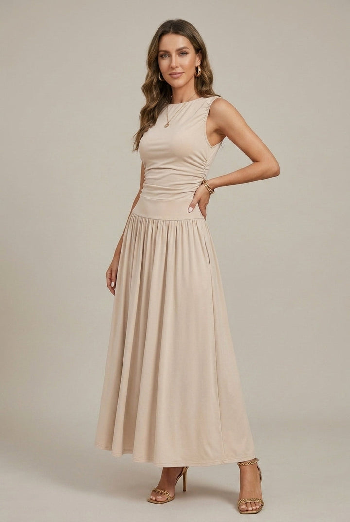 Women's Sleeveless Maxi Dress – Ruched Waist & Full Skirt