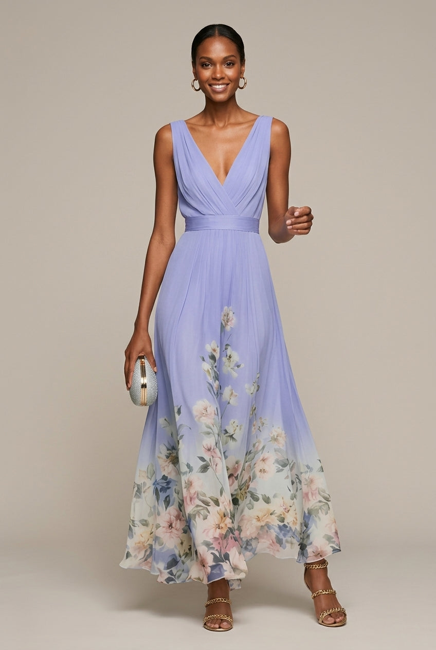 Women's Floral Border Print Maxi Dress – V-Neck Sleeveless