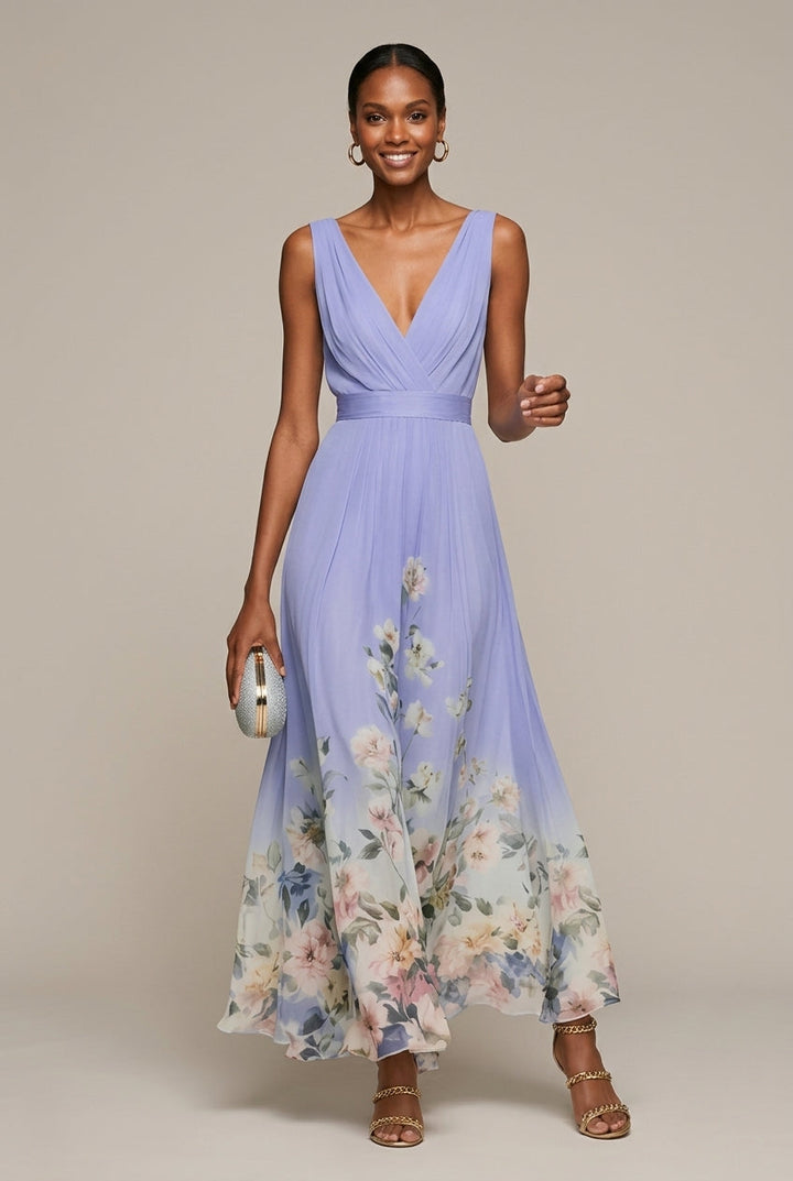 Women's Floral Border Print Maxi Dress – V-Neck Sleeveless