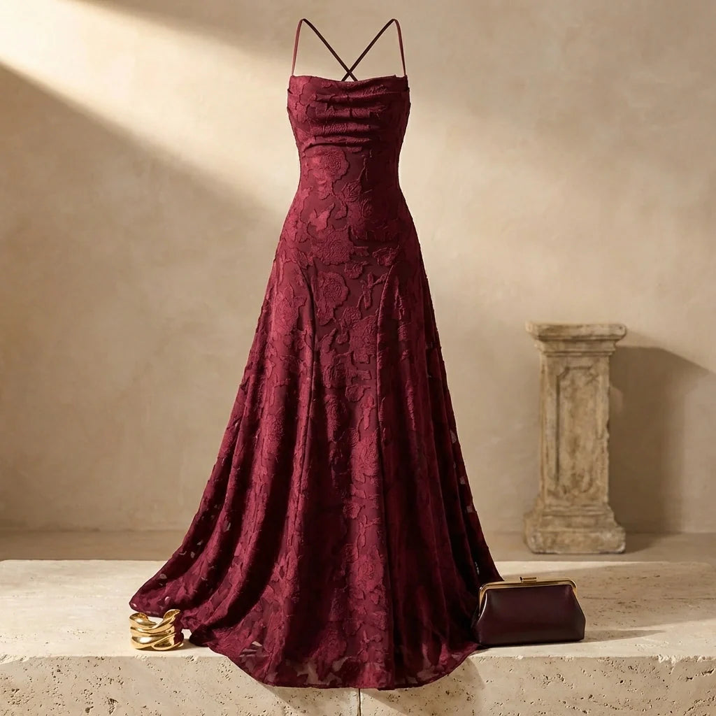 Women's Jacquard Backless Maxi Dress Cowl Neck – Cross-Back A-Line