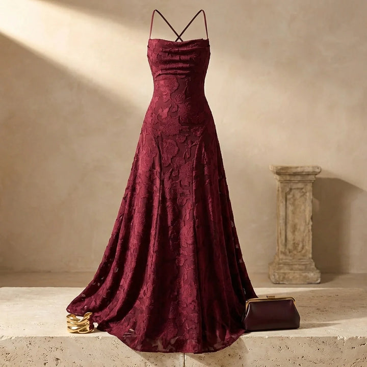 Women's Jacquard Backless Maxi Dress Cowl Neck – Cross-Back A-Line
