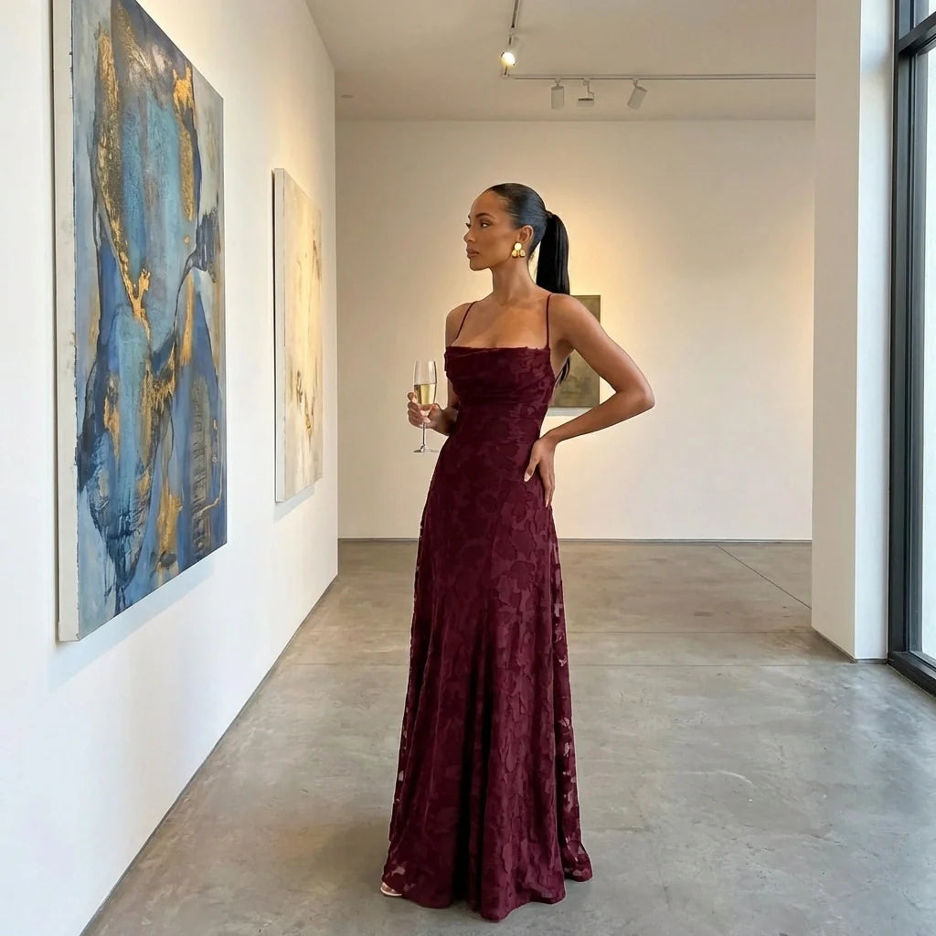 Women's Jacquard Backless Maxi Dress Cowl Neck – Cross-Back A-Line