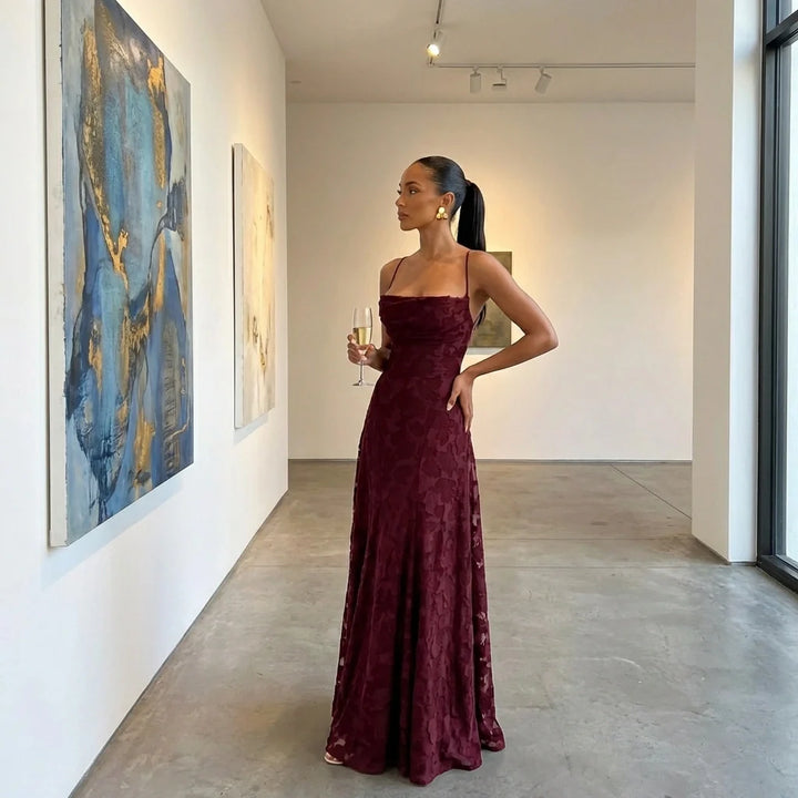 Women's Jacquard Backless Maxi Dress Cowl Neck – Cross-Back A-Line