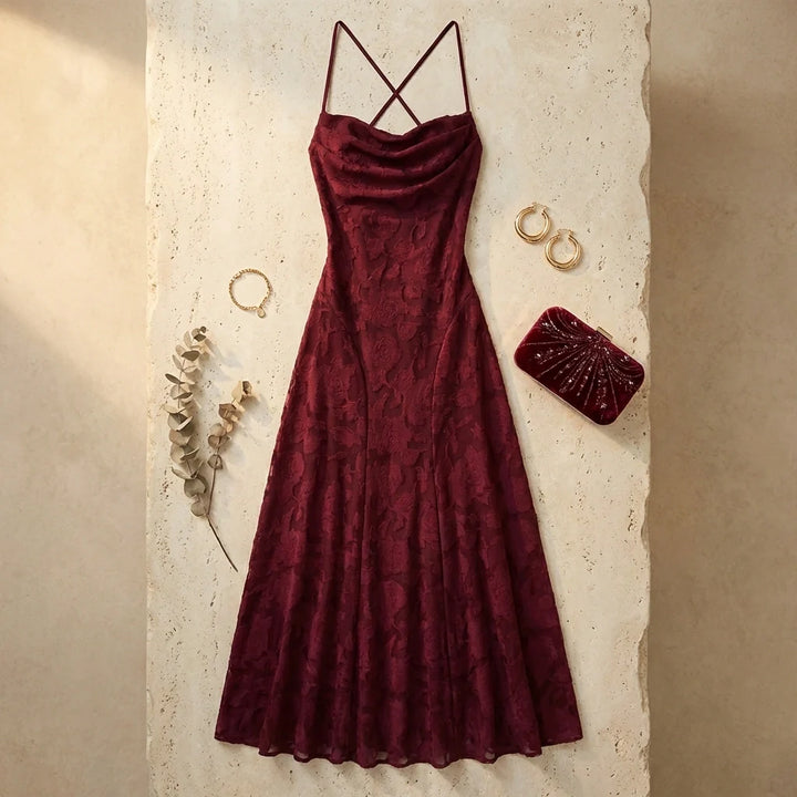 Women's Jacquard Backless Maxi Dress Cowl Neck – Cross-Back A-Line