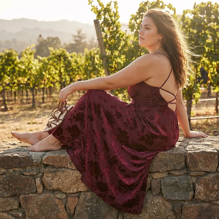 Women's Jacquard Backless Maxi Dress Cowl Neck – Cross-Back A-Line