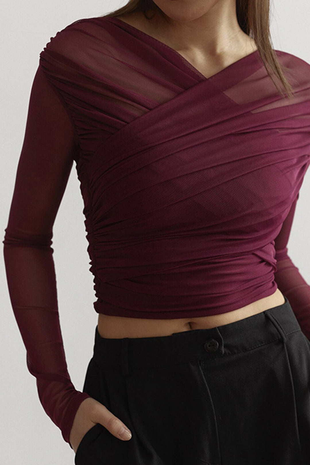 Women's Ruched Mesh Top Cross-Wrap Off-Shoulder – Long Sleeve Fitted