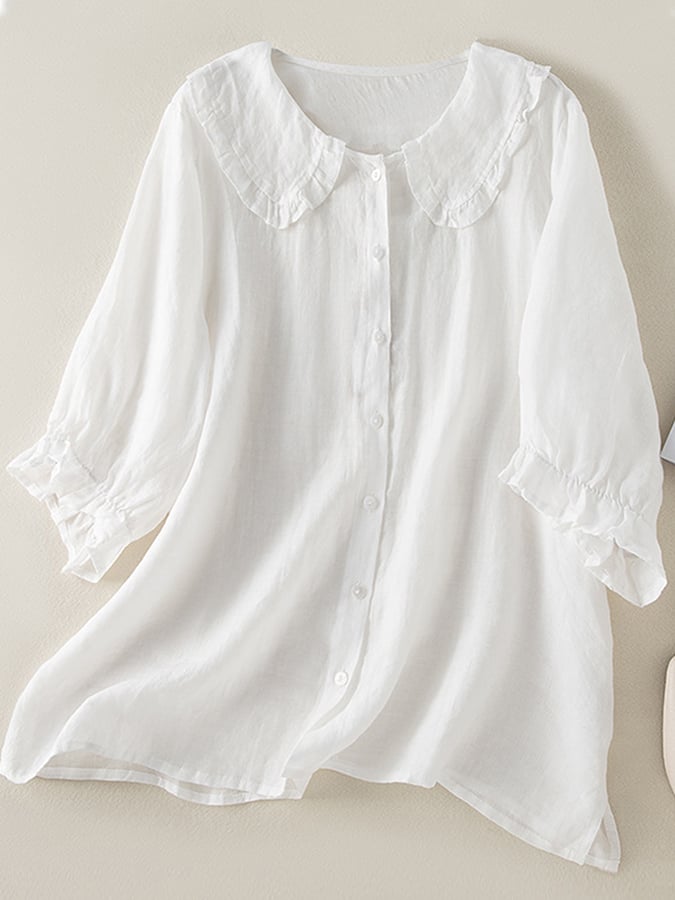 Women's Ruffle Collar Top Half Sleeve Button-Front – Loose Fit Summer
