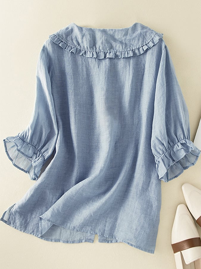 Women's Ruffle Collar Top Half Sleeve Button-Front – Loose Fit Summer