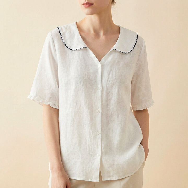 Women's Cotton-Linen Blouse Scalloped Collar – Gathered Short Sleeves