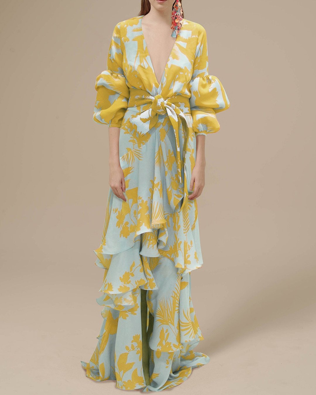 Maxi Wrap Dress – Printed Ruffle Hem & Voluminous Sleeves