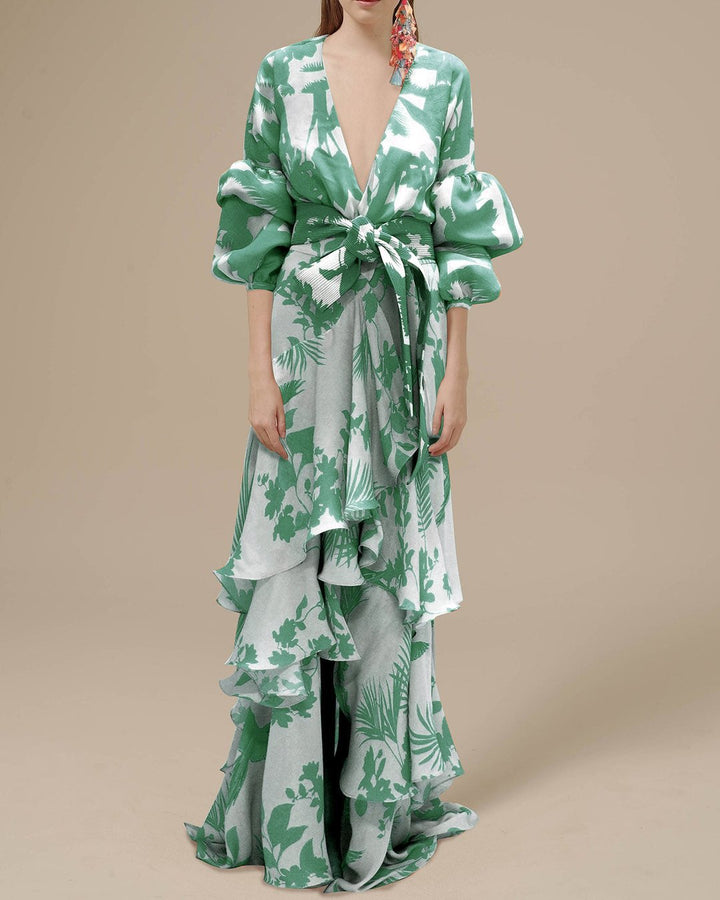 Maxi Wrap Dress – Printed Ruffle Hem & Voluminous Sleeves