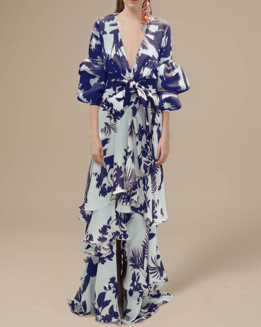 Maxi Wrap Dress – Printed Ruffle Hem & Voluminous Sleeves