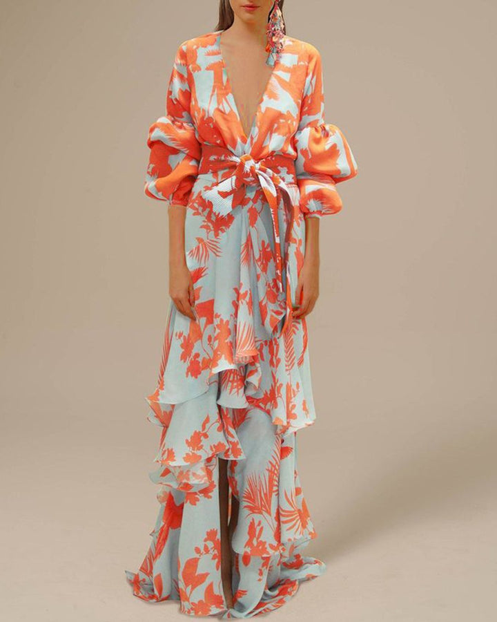 Maxi Wrap Dress – Printed Ruffle Hem & Voluminous Sleeves