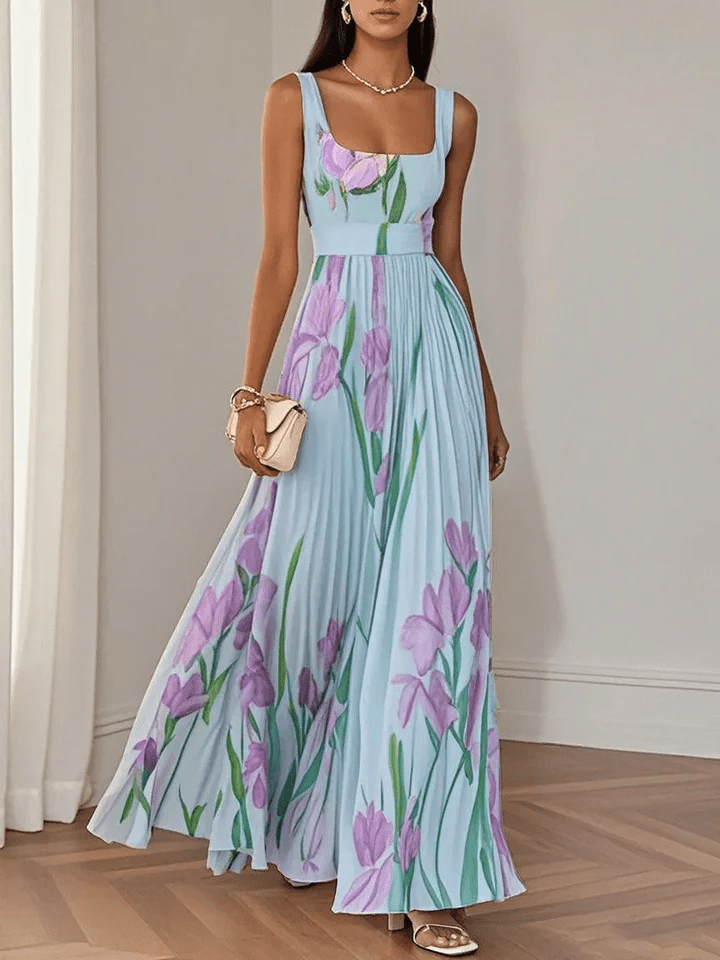 Floral Pleated Maxi Dress – Square Neck Empire Waist Women
