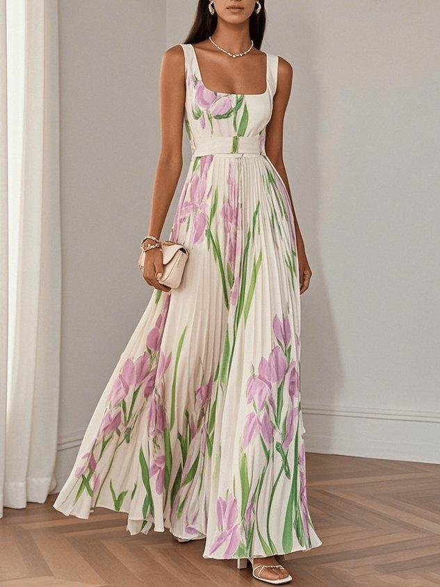 Floral Pleated Maxi Dress – Square Neck Empire Waist Women