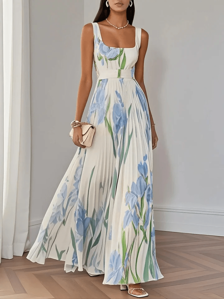 Floral Pleated Maxi Dress – Square Neck Empire Waist Women