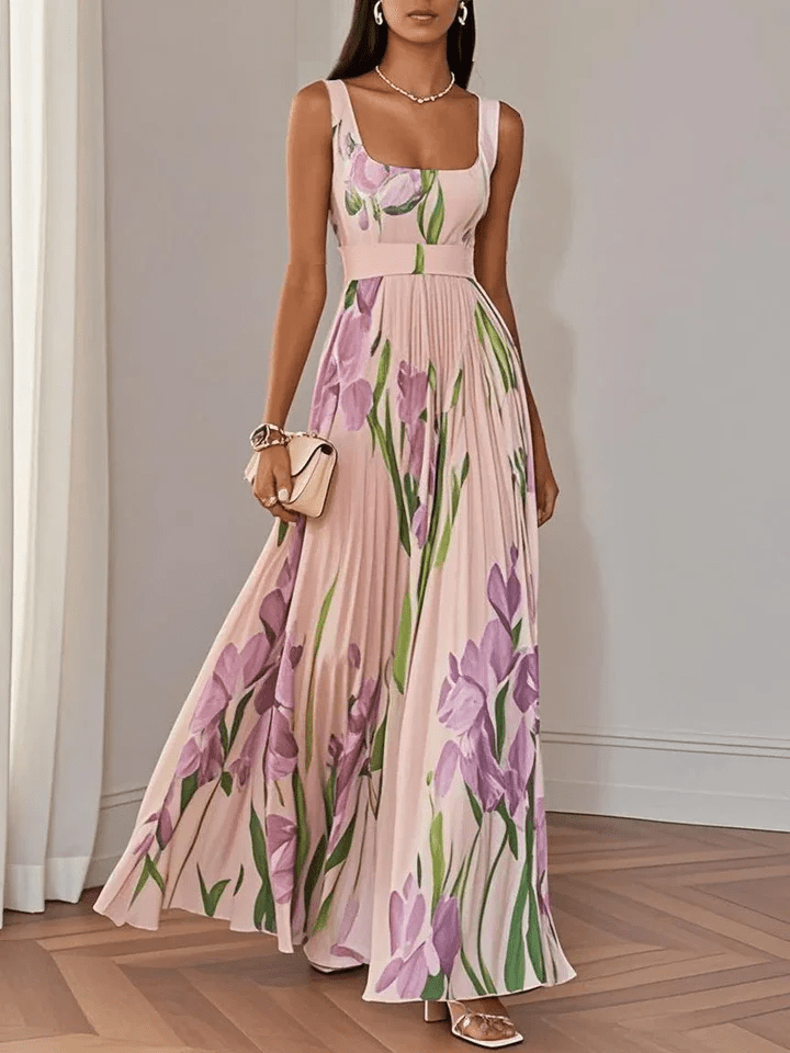 Floral Pleated Maxi Dress – Square Neck Empire Waist Women