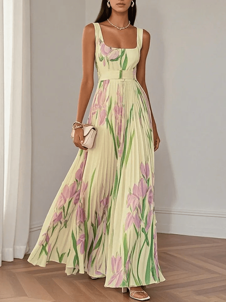 Floral Pleated Maxi Dress – Square Neck Empire Waist Women
