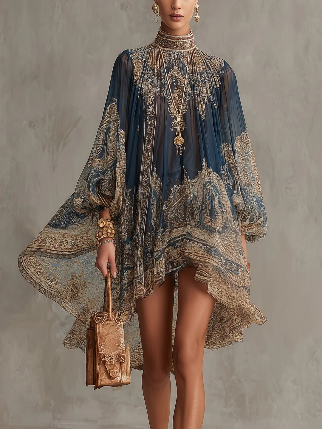 Baroque Print Mini Dress – High Neck & Billowing Sleeves