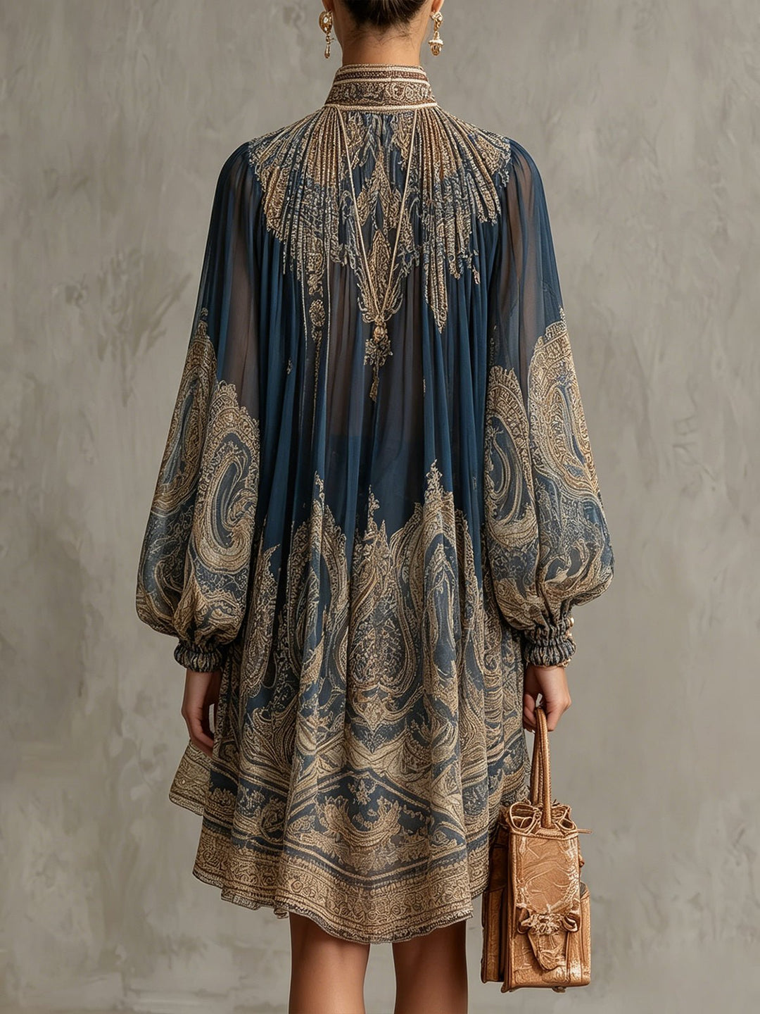 Baroque Print Mini Dress – High Neck & Billowing Sleeves