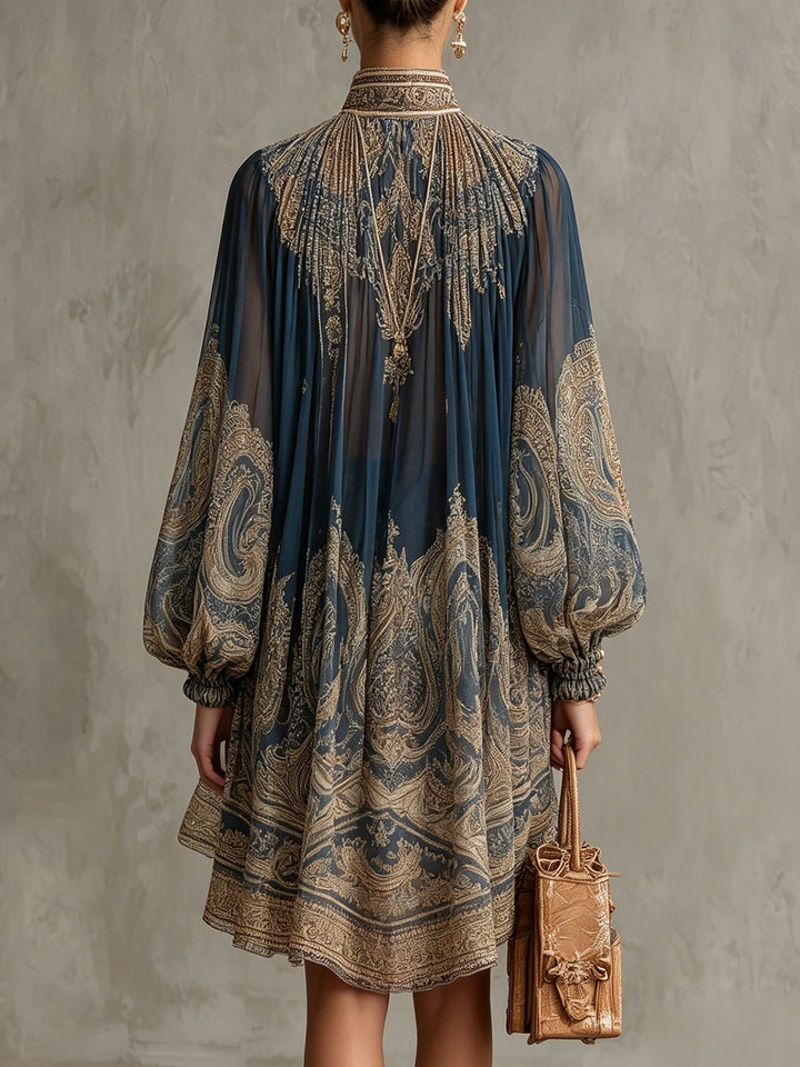 Baroque Print Mini Dress – High Neck & Billowing Sleeves
