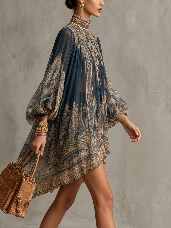 Baroque Print Mini Dress – High Neck & Billowing Sleeves
