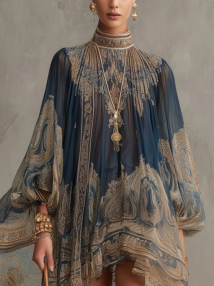 Baroque Print Mini Dress – High Neck & Billowing Sleeves