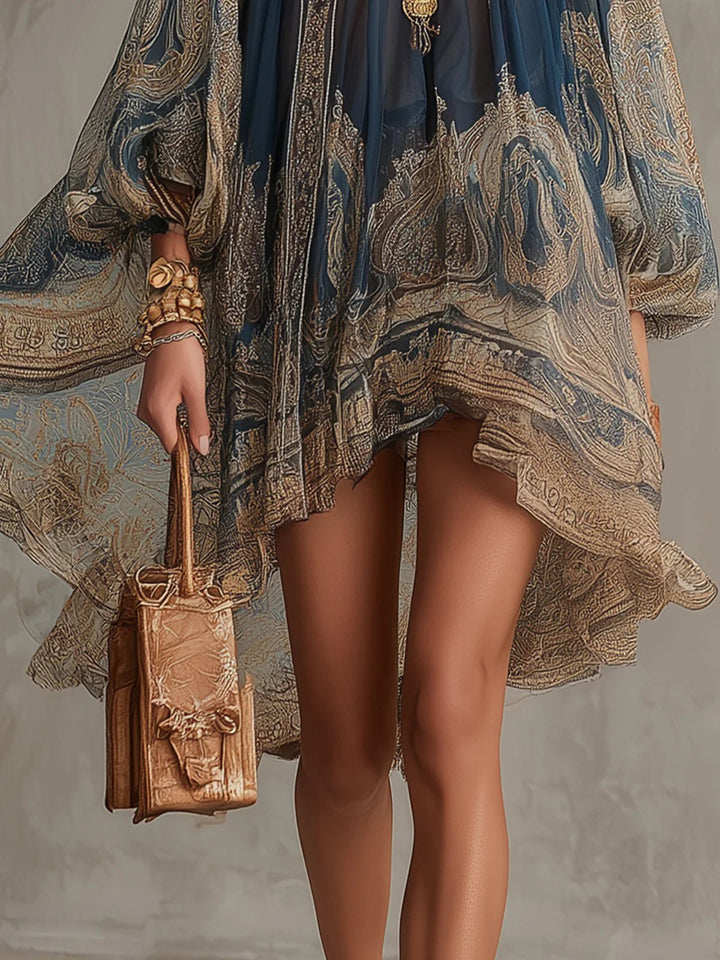 Baroque Print Mini Dress – High Neck & Billowing Sleeves