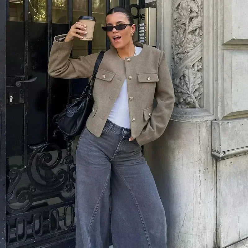 Women's Cropped Bomber Jacket Button Front – Structured Layering Style