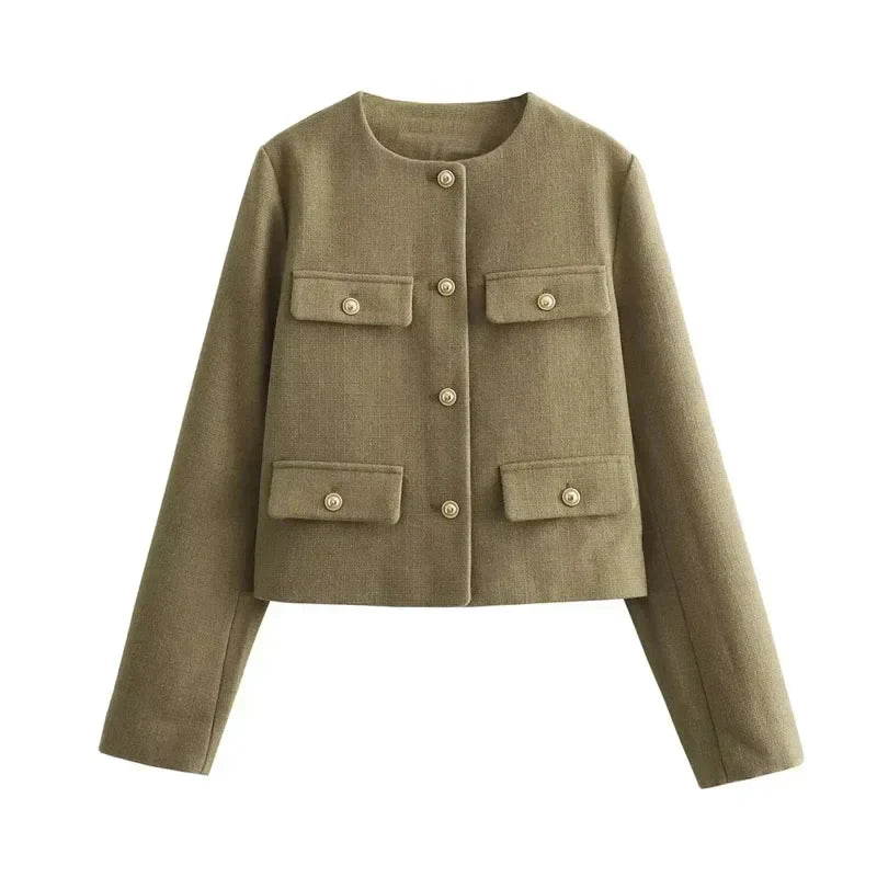 Women's Cropped Bomber Jacket Button Front – Structured Layering Style