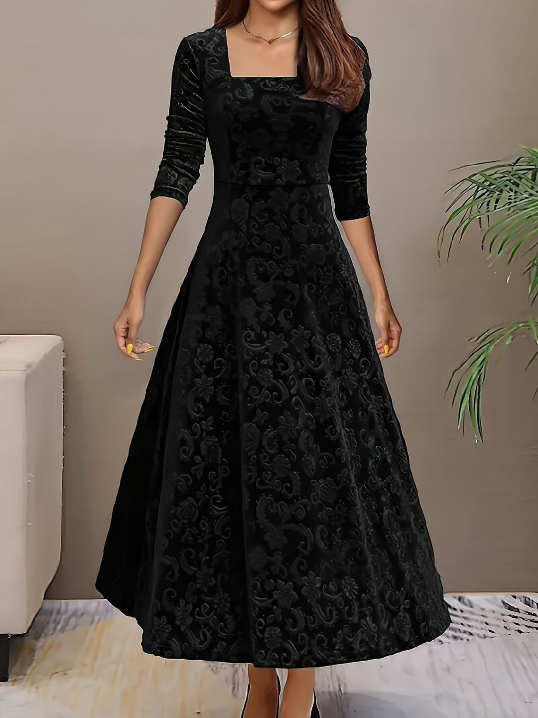 Velvet Midi Dress Square-Neck A-Line Embossed Floral