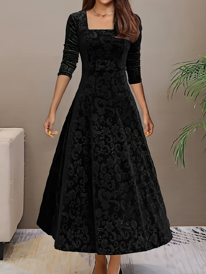 Velvet Midi Dress Square-Neck A-Line Embossed Floral